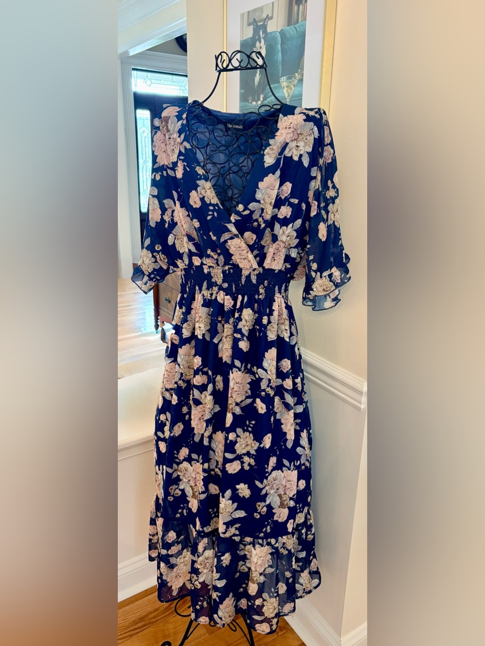 Floral Navy Midi Dress with Puff Sleeves and open weave cardigan